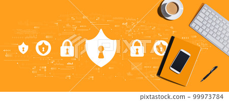 Cyber security theme with computer keyboard and office items Cyber security theme with computer keyboard and office items 99973784