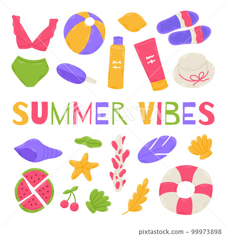Summer set with lettering and cute beach elements: bikini, watermelon, sunscreen, flip flops, seashell, lifebuoy, hat, cocktail. Hand drawn flat cartoon elements. Vector illustration 99973898