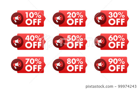 Sale tags. Special offer discount tag 10, 10, 20, 30, 40, 50, 60, 70, 80, 90 percent off price. Discount promotion 99974243