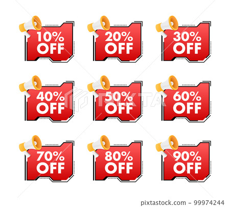 Sale tags. Special offer discount tag 10, 10, 20, 30, 40, 50, 60, 70, 80, 90 percent off price. Discount promotion Sale tags. Special offer discount tag 10, 10, 20, 30, 40, 50, 60, 70, 80, 90 percent off price. Discount promotion 99974244