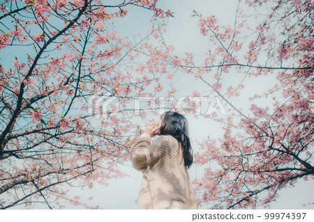 Photo of a woman standing with a smartphone against a cherry blossom background 99974397