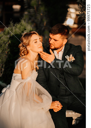 the gentle bride and groom on a park bench.  99975725
