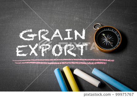 Grain Export. Text and compass on a dark chalkboard Grain Export. Text and compass on a dark chalkboard 99975767