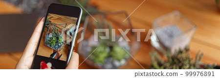 Close up of florist taking picture of her plants for publishing in social media 99976891
