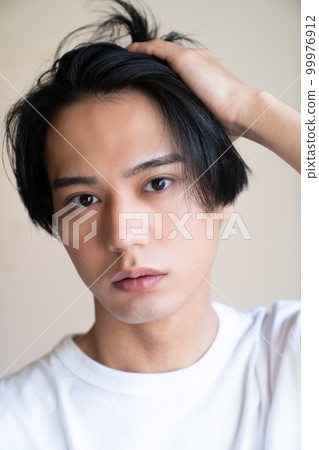 A man with beautiful skin, portrait, beautiful hair, hair loss, beard, white T-shirt, cool, cute, center part A man with beautiful skin, portrait, beautiful hair, hair loss, beard, white T-shirt, cool, cute, center part 99976912