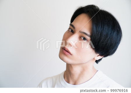 A man with beautiful skin, portrait, beautiful hair, hair loss, beard, white T-shirt, cool, cute, center part A man with beautiful skin, portrait, beautiful hair, hair loss, beard, white T-shirt, cool, cute, center part 99976916