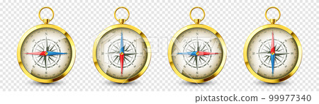 Realistic golden vintage compass with marine wind rose and cardinal directions of North, East, South, West. Shiny metal navigational compass. Cartography and navigation. Vector illustration Realistic golden vintage compass with marine wind rose and cardinal directions of North, East, South, West. Shiny metal navigational compass. Cartography and navigation. Vector illustration 99977340