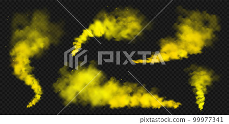 Realistic yellow colorful smoke clouds, mist effect. Colored fog on dark background. Vapor in air, steam flow. Vector illustration. Realistic yellow colorful smoke clouds, mist effect. Colored fog on dark background. Vapor in air, steam flow. Vector illustration. 99977341
