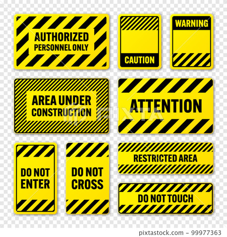 Various black and yellow warning signs with diagonal lines. Attention, danger or caution sign, construction site signage. Realistic notice signboard, warning banner, road shield. Vector illustration 99977363