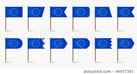 Realistic various European toothpick flags. Souvenir from Europe. Wooden toothpicks with paper flag. Location mark, map pointer. Blank mockup for advertising and promotions. Vector illustration Realistic various European toothpick flags. Souvenir from Europe. Wooden toothpicks with paper flag. Location mark, map pointer. Blank mockup for advertising and promotions. Vector illustration 99977381