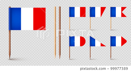 Realistic various French toothpick flags. Souvenir from France. Wooden toothpicks with paper flag. Location mark, map pointer. Blank mockup for advertising and promotions. Vector illustration Realistic various French toothpick flags. Souvenir from France. Wooden toothpicks with paper flag. Location mark, map pointer. Blank mockup for advertising and promotions. Vector illustration 99977389