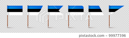 Realistic various Estonian toothpick flags. Souvenir from Estonia. Wooden toothpicks with paper flag. Location mark, map pointer. Blank mockup for advertising and promotions. Vector illustration 99977396