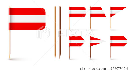 Realistic various Austrian toothpick flags. Souvenir from Austria. Wooden toothpicks with paper flag. Location mark, map pointer. Blank mockup for advertising and promotions. Vector illustration Realistic various Austrian toothpick flags. Souvenir from Austria. Wooden toothpicks with paper flag. Location mark, map pointer. Blank mockup for advertising and promotions. Vector illustration 99977404
