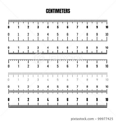 Realistic black centimeter scale for measuring length or height. Various measurement scales with divisions. Ruler, tape measure marks, size indicators. Vector illustration 99977425