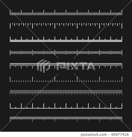 Various measurement scales with divisions. Realistic white scale for measuring length or height in centimeters, millimeters or inches. Ruler, tape measure marks, size indicators. Vector illustration 99977426