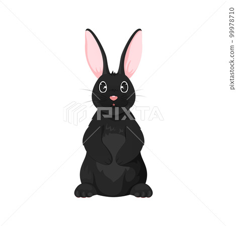 Happy Easter bunny black flat character cartoon. Large pink ear dark wool sitting empty paw book cartoon character hare rabbit wild cute funny animal holiday symbol kid book sticker print isolated Happy Easter bunny black flat character cartoon. Large pink ear dark wool sitting empty paw book cartoon character hare rabbit wild cute funny animal holiday symbol kid book sticker print isolated 99978710