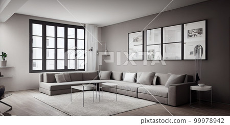 Stylish scandinavian living room with design mint sofa, furnitures, mock up poster map, plants and elegant personal accessories. Modern home decor. Bright and sunny room. Generative AI illustration. 99978942