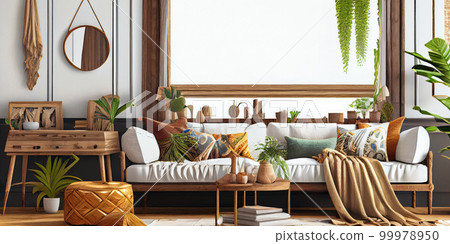 Stylish scandinavian living room with design mint sofa, furnitures, mock up poster map, plants and elegant personal accessories. Modern home decor. Bright and sunny room. Generative AI illustration. 99978950