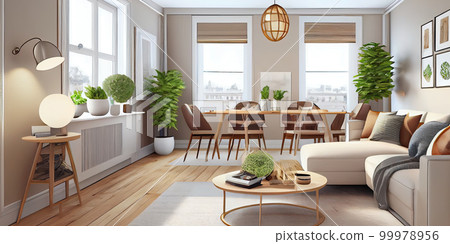 Stylish scandinavian living room with design mint sofa, furnitures, mock up poster map, plants and elegant personal accessories. Modern home decor. Bright and sunny room. Generative AI illustration. Stylish scandinavian living room with design mint sofa, furnitures, mock up poster map, plants and elegant personal accessories. Modern home decor. Bright and sunny room. Generative AI illustration. 99978956