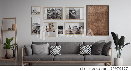 Stylish scandinavian living room with design mint sofa, furnitures, mock up poster map, plants and elegant personal accessories. Modern home decor. Bright and sunny room. Generative AI illustration. 99979177