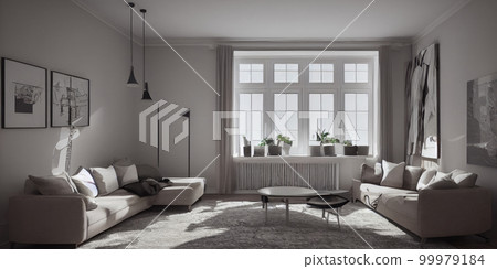 Stylish scandinavian living room with design mint sofa, furnitures, mock up poster map, plants and elegant personal accessories. Modern home decor. Bright and sunny room. Generative AI illustration. 99979184