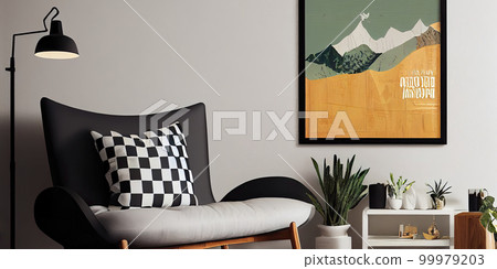 Stylish scandinavian living room with design mint sofa, furnitures, mock up poster map, plants and elegant personal accessories. Modern home decor. Bright and sunny room. Generative AI illustration. 99979203