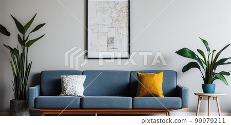 Stylish scandinavian living room with design mint sofa, furnitures, mock up poster map, plants and elegant personal accessories. Modern home decor. Bright and sunny room. Generative AI illustration. 99979211