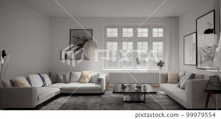 Stylish scandinavian living room with design mint sofa, furnitures, mock up poster map, plants and elegant personal accessories. Modern home decor. Bright and sunny room. Generative AI illustration. 99979554