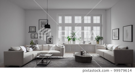Stylish scandinavian living room with design mint sofa, furnitures, mock up poster map, plants and elegant personal accessories. Modern home decor. Bright and sunny room. Generative AI illustration. 99979614
