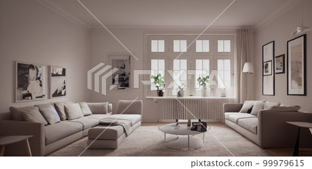 Stylish scandinavian living room with design mint sofa, furnitures, mock up poster map, plants and elegant personal accessories. Modern home decor. Bright and sunny room. Generative AI illustration. Stylish scandinavian living room with design mint sofa, furnitures, mock up poster map, plants and elegant personal accessories. Modern home decor. Bright and sunny room. Generative AI illustration. 99979615