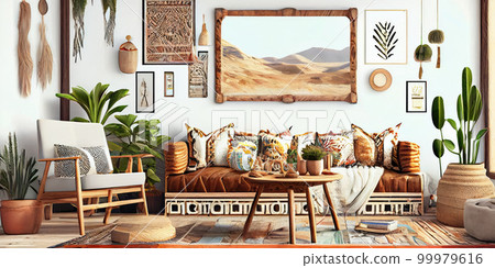 Stylish scandinavian living room with design mint sofa, furnitures, mock up poster map, plants and elegant personal accessories. Modern home decor. Bright and sunny room. Generative AI illustration. 99979616