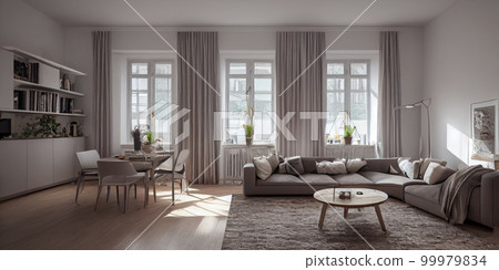 Stylish scandinavian living room with design mint sofa, furnitures, mock up poster map, plants and elegant personal accessories. Modern home decor. Bright and sunny room. Generative AI illustration. 99979834