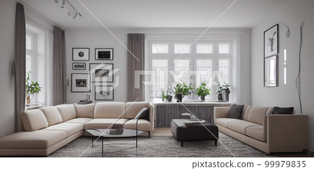Stylish scandinavian living room with design mint sofa, furnitures, mock up poster map, plants and elegant personal accessories. Modern home decor. Bright and sunny room. Generative AI illustration. 99979835