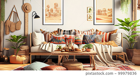 Stylish scandinavian living room with design mint sofa, furnitures, mock up poster map, plants and elegant personal accessories. Modern home decor. Bright and sunny room. Generative AI illustration. 99979836