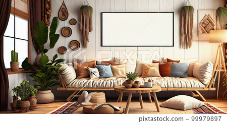 Stylish scandinavian living room with design mint sofa, furnitures, mock up poster map, plants and elegant personal accessories. Modern home decor. Bright and sunny room. Generative AI illustration. Stylish scandinavian living room with design mint sofa, furnitures, mock up poster map, plants and elegant personal accessories. Modern home decor. Bright and sunny room. Generative AI illustration. 99979897