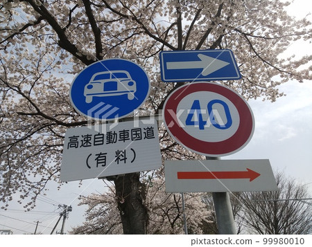 Tohoku Expressway signboard and cherry blossoms Tohoku Expressway signboard and cherry blossoms 99980010