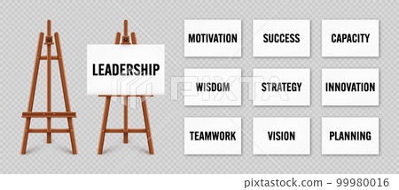 Realistic paint desk with text on white canvas. Wooden easel and a sheet of drawing paper. Presentation board on a tripod. Leadership and success, goals achievement. Vector illustration 99980016