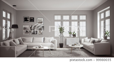 Stylish scandinavian living room with design mint sofa, furnitures, mock up poster map, plants and elegant personal accessories. Modern home decor. Bright and sunny room. Generative AI illustration. Stylish scandinavian living room with design mint sofa, furnitures, mock up poster map, plants and elegant personal accessories. Modern home decor. Bright and sunny room. Generative AI illustration. 99980035