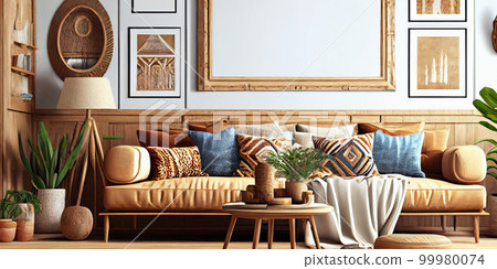 Stylish scandinavian living room with design mint sofa, furnitures, mock up poster map, plants and elegant personal accessories. Modern home decor. Bright and sunny room. Generative AI illustration. 99980074