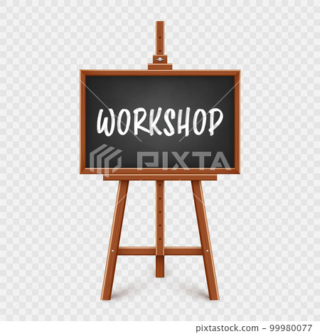 Realistic black chalkboard on wooden easel. Blackboard in wooden frame on a tripod. Presentation board with text, writing or drawing surface. Online studying, learning mockup. Vector illustration 99980077