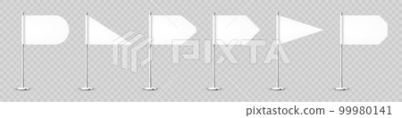 Realistic various table flags on a chrome steel pole. Blank white desk flag made of paper or fabric. Shiny metal stand. Mockup for promotion and advertising. Vector illustration Realistic various table flags on a chrome steel pole. Blank white desk flag made of paper or fabric. Shiny metal stand. Mockup for promotion and advertising. Vector illustration 99980141