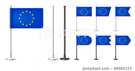 Realistic various European table flags on a chrome steel pole. Souvenir from Europe. Desk flag made of paper or fabric, shiny metal stand. Mockup for promotion and advertising. Vector illustration Realistic various European table flags on a chrome steel pole. Souvenir from Europe. Desk flag made of paper or fabric, shiny metal stand. Mockup for promotion and advertising. Vector illustration 99980153
