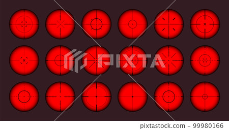 Various weapon thermal infrared sights, sniper rifle optical scopes. Hunting gun viewfinder with crosshair. Aim, shooting mark symbol. Military target sign. Game UI element. Vector illustration 99980166