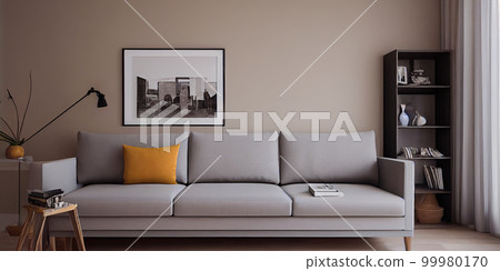 Stylish scandinavian living room with design mint sofa, furnitures, mock up poster map, plants and elegant personal accessories. Modern home decor. Bright and sunny room. Generative AI illustration. 99980170