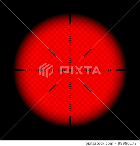 Various weapon thermal infrared sight, sniper rifle optical scope. Hunting gun viewfinder with crosshair. Aim, shooting mark symbol. Military target sign. Game UI element. Vector illustration 99980172