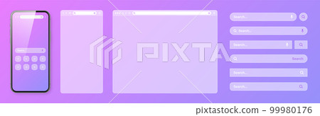 Smartphone, transparent internet browser window with various search bar templates. Web site engine with search box, address bar and text field. Website UI interface elements. Vector illustration Smartphone, transparent internet browser window with various search bar templates. Web site engine with search box, address bar and text field. Website UI interface elements. Vector illustration 99980176