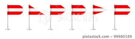 Realistic various Austrian table flags on a chrome steel pole. Souvenir from Austria. Desk flag made of paper or fabric, shiny metal stand. Mockup for promotion and advertising. Vector illustration Realistic various Austrian table flags on a chrome steel pole. Souvenir from Austria. Desk flag made of paper or fabric, shiny metal stand. Mockup for promotion and advertising. Vector illustration 99980189