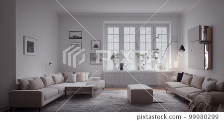 Stylish scandinavian living room with design mint sofa, furnitures, mock up poster map, plants and elegant personal accessories. Modern home decor. Bright and sunny room. Generative AI illustration. Stylish scandinavian living room with design mint sofa, furnitures, mock up poster map, plants and elegant personal accessories. Modern home decor. Bright and sunny room. Generative AI illustration. 99980299