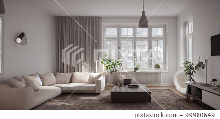 Stylish scandinavian living room with design mint sofa, furnitures, mock up poster map, plants and elegant personal accessories. Modern home decor. Bright and sunny room. Generative AI illustration. Stylish scandinavian living room with design mint sofa, furnitures, mock up poster map, plants and elegant personal accessories. Modern home decor. Bright and sunny room. Generative AI illustration. 99980649