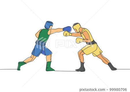 One single line drawing of two young energetic men boxer attack each other at boxing match vector illustration. Sport combative training concept. Modern continuous line draw design for boxing banner 99980706
